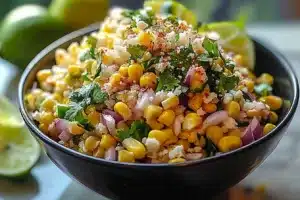 Mexican Street Corn Salad 10 Colorful Mexican street corn salad in a bowl with fresh ingredients.