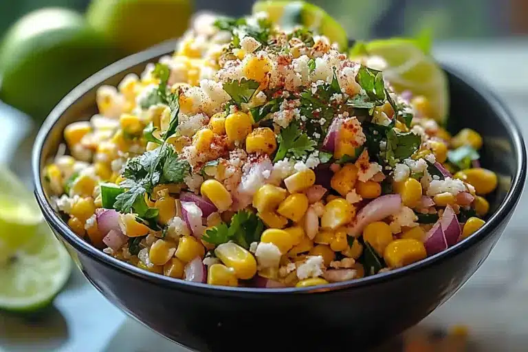 Colorful Mexican street corn salad in a bowl with fresh ingredients.