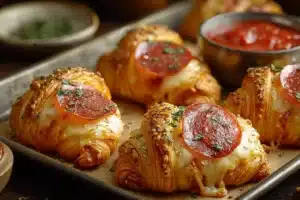 Mozzarella pepperoni croissant rolls served on a plate, showcasing flaky pastry and melted cheese.