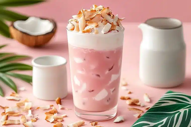 Refreshing Pink Coconut Iced Latte with vibrant colors and creamy texture
