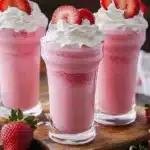 Pink Strawberry Coconut Refresher in a glass with strawberries and coconut slices