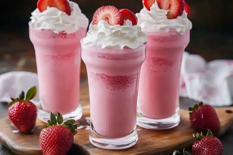 Pink Strawberry Coconut Refresher in a glass with strawberries and coconut slices