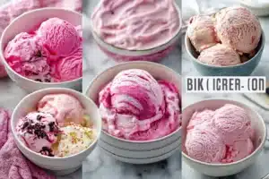 Delicious pinky Ice Cream in a cone with vibrant toppings