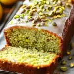 Slice of Pistachio Lemon Breakfast Bread on a white plate with a lemon garnish