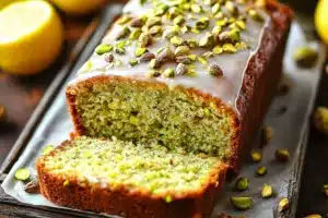 Pistachio Lemon Breakfast Bread 5 Slice of Pistachio Lemon Breakfast Bread on a white plate with a lemon garnish