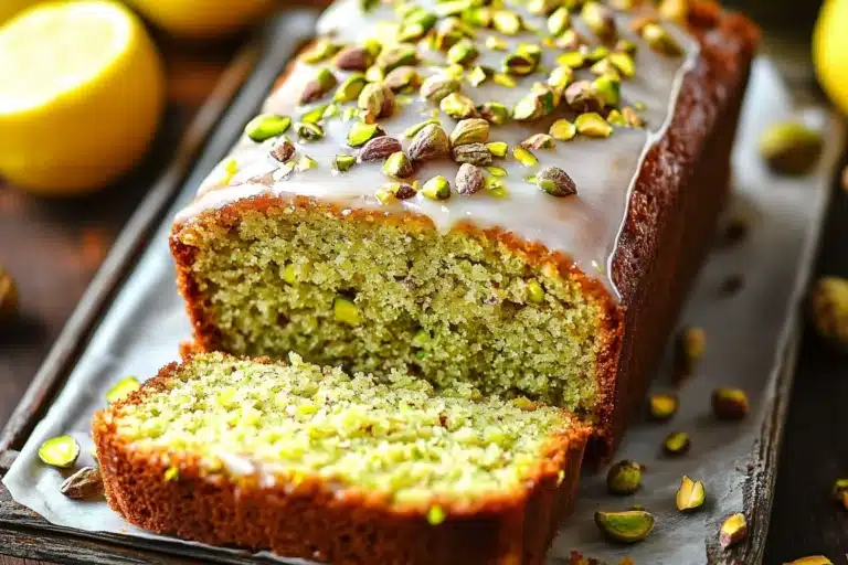 Slice of Pistachio Lemon Breakfast Bread on a white plate with a lemon garnish