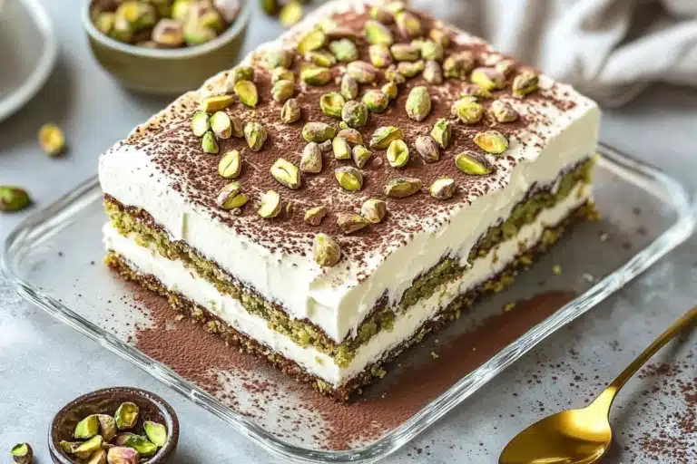 Delicious Pistachio Tiramisu dessert with layers of creamy filling and pistachio flavor.