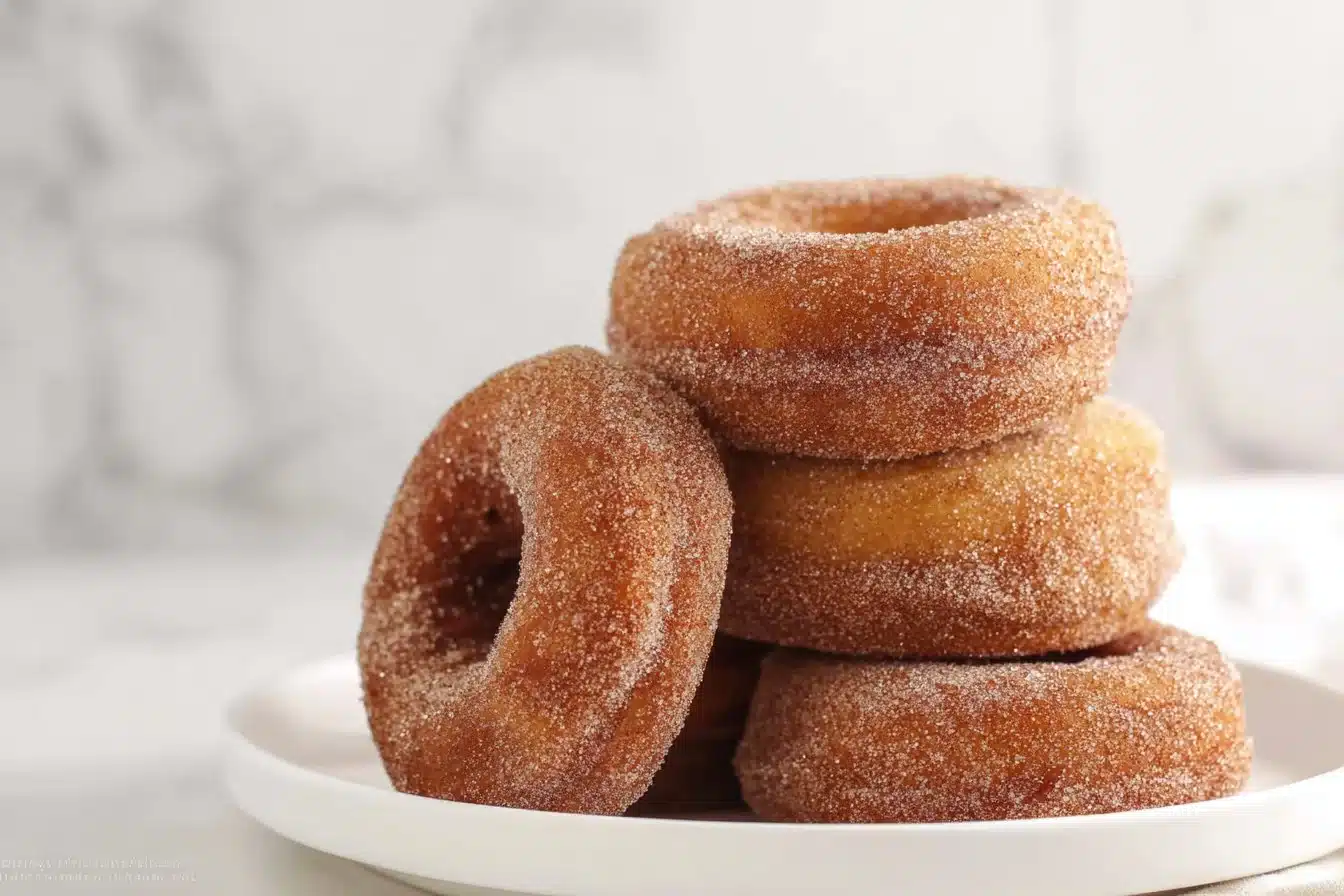 Freshly baked pumpkin donuts topped with spices and sugar.