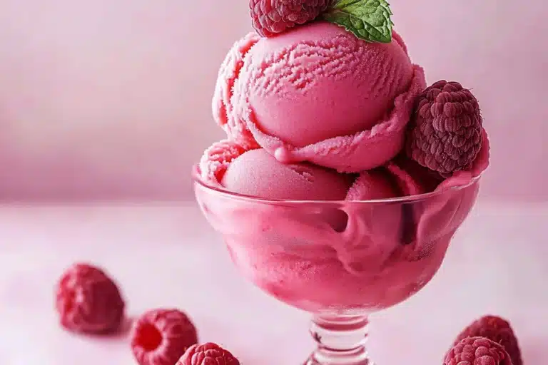 Deliciously vibrant Raspberry Sorbet served in a bowl
