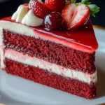 Red Velvet Strawberry Cheesecake topped with fresh strawberries