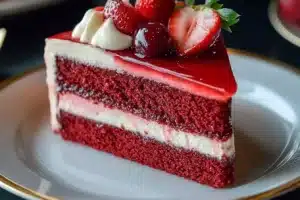 Red Velvet Strawberry Cheesecake topped with fresh strawberries