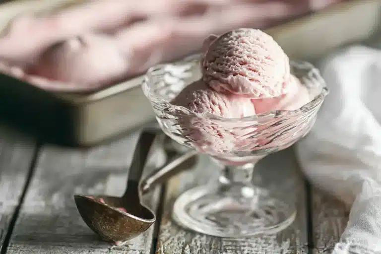 Delicious homemade rhubarb ice cream served in a bowl