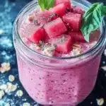 Bowl of delicious rhubarb overnight oats topped with fruit and nuts