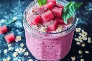 Bowl of delicious rhubarb overnight oats topped with fruit and nuts