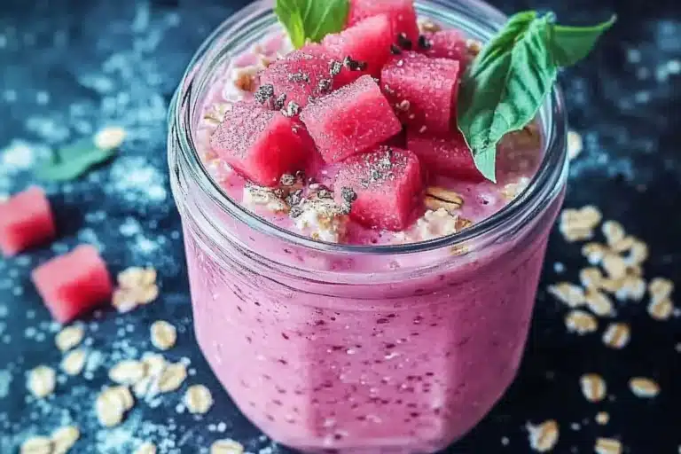 Bowl of delicious rhubarb overnight oats topped with fruit and nuts