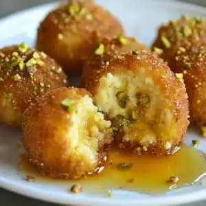 Ricotta Pistachio Bites topped with honey on a white plate
