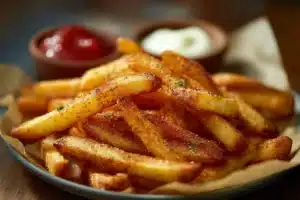 Delicious seasoned French fries on a plate, golden and crispy.
