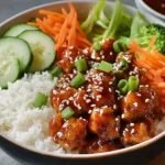 Spicy chicken bowl with broccoli, rice, sticky sauce, and spicy mayo