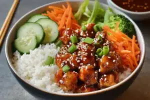 Spicy chicken bowl with broccoli, rice, sticky sauce, and spicy mayo