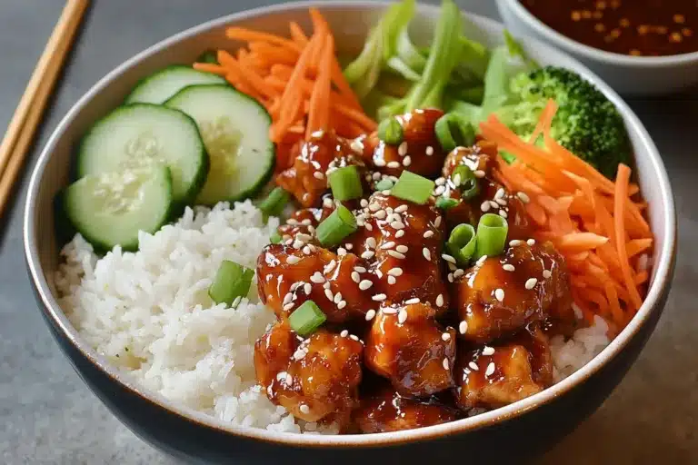 Spicy chicken bowl with broccoli, rice, sticky sauce, and spicy mayo