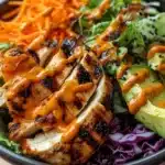 Plate of Spicy Maple Chicken served with coconut rice and garnished with herbs