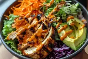 Plate of Spicy Maple Chicken served with coconut rice and garnished with herbs