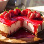Delicious homemade strawberry cheesecake topped with fresh strawberries