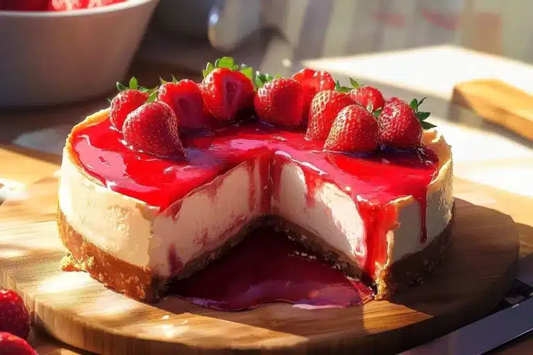 Delicious homemade strawberry cheesecake topped with fresh strawberries