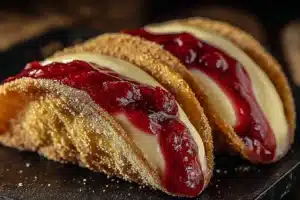 Delicious strawberry cheesecake tacos served as a delightful dessert.