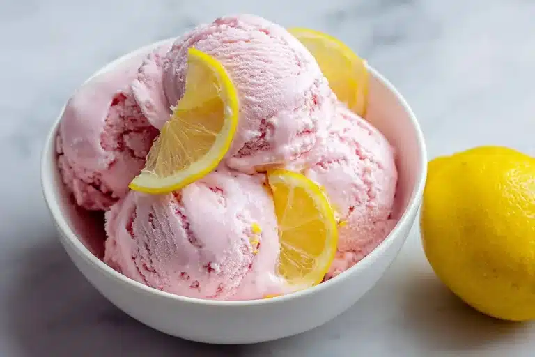 Strawberry cheesecake ice cream with fresh strawberries and creamy texture