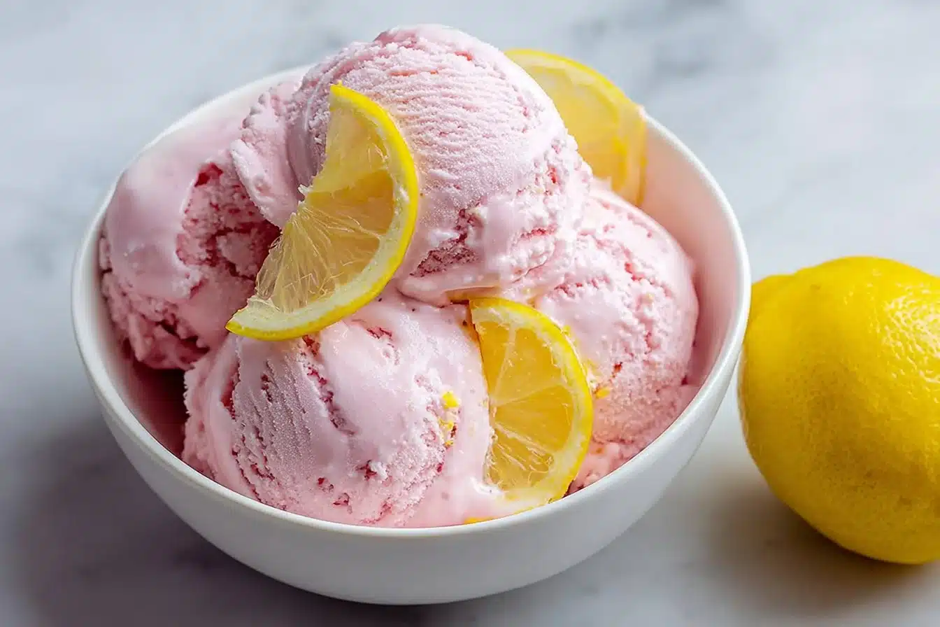 Strawberry cheesecake ice cream with fresh strawberries and creamy texture