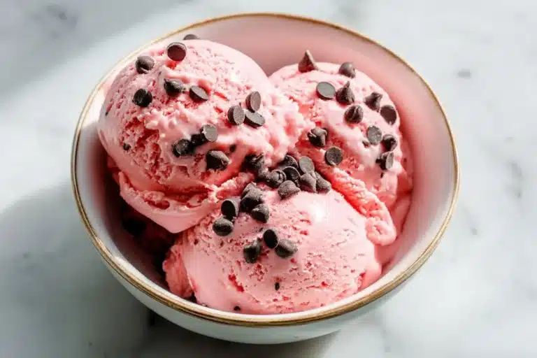 Delicious strawberry cheesecake ice cream in a waffle cone