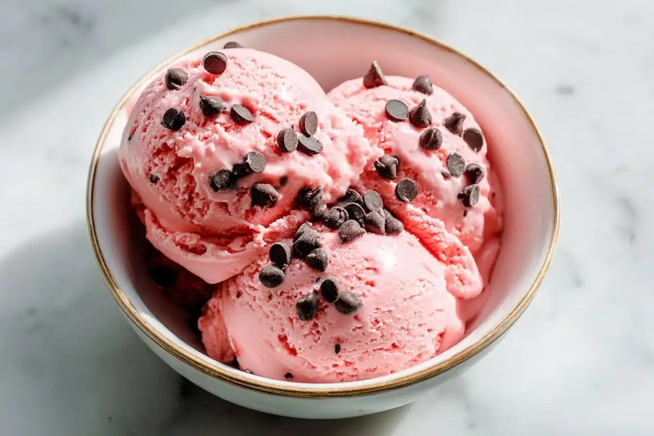 Delicious strawberry cheesecake ice cream in a waffle cone