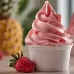 Delicious Strawberry Dole Whip served in a tropical setting.