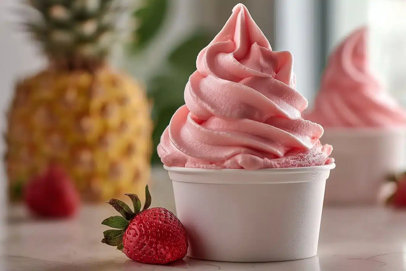 Delicious Strawberry Dole Whip served in a tropical setting.