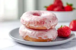 Freshly baked strawberry donuts topped with pink icing and sprinkles