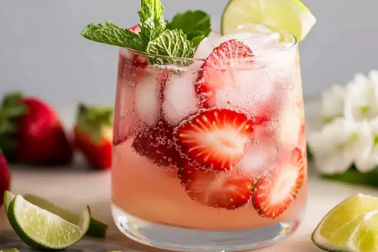 A refreshing Strawberry Mojito served in a glass with mint and strawberries.