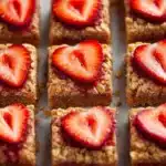 Homemade strawberry oatmeal bars on a wooden table with fresh strawberries