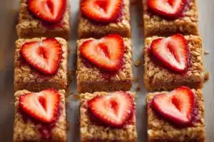 Homemade strawberry oatmeal bars on a wooden table with fresh strawberries