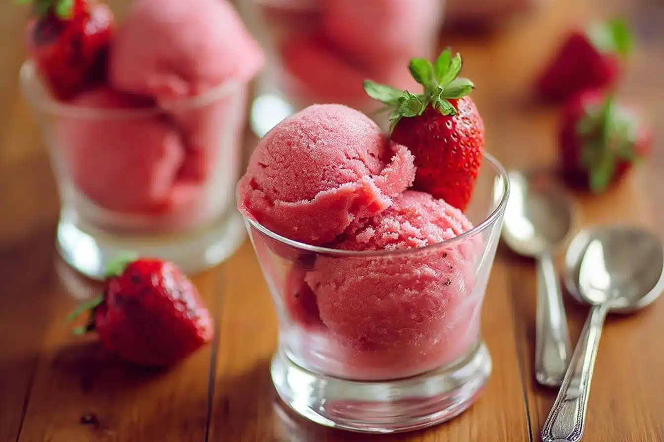Delicious and refreshing strawberry sorbet in a bowl with fresh strawberries on top.