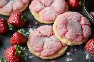 Freshly baked strawberry sugar cookies on a white plate