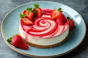 Delicious Strawberry Swirl Cheesecake with a creamy filling and vibrant strawberry topping