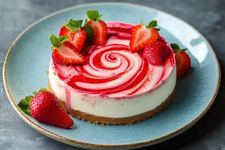 Delicious Strawberry Swirl Cheesecake with a creamy filling and vibrant strawberry topping