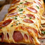 Freshly baked Stromboli stuffed with cheese and pepperoni on a wooden table.