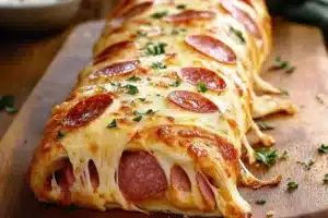 Freshly baked Stromboli stuffed with cheese and pepperoni on a wooden table.