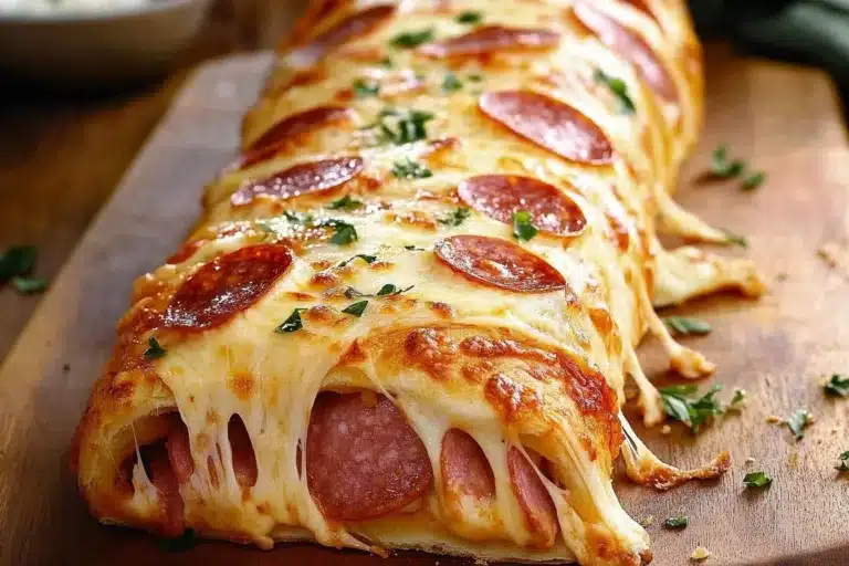 Freshly baked Stromboli stuffed with cheese and pepperoni on a wooden table.