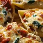 Delicious stuffed jumbo pasta shells filled with cheese and herbs on a plate.