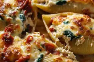 Stuffed Jumbo Pasta Shells 6 Delicious stuffed jumbo pasta shells filled with cheese and herbs on a plate.