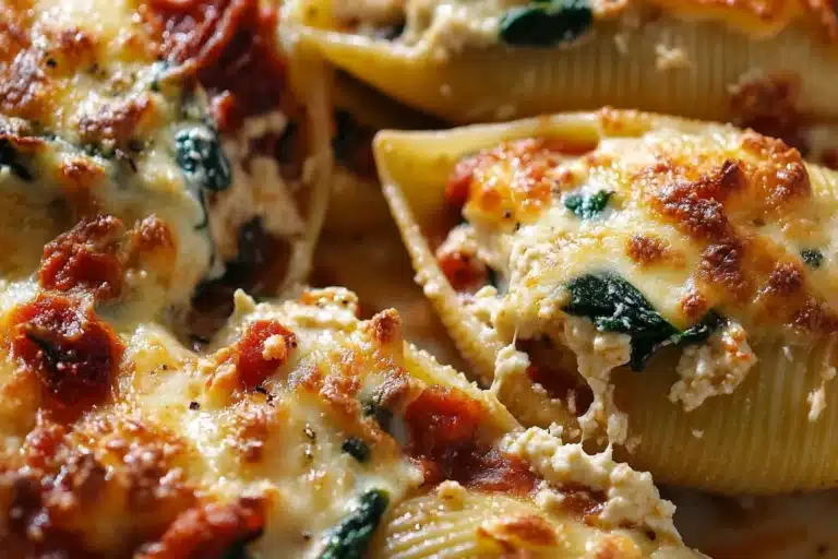 Delicious stuffed jumbo pasta shells filled with cheese and herbs on a plate.