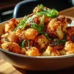 Sweet and spicy roasted cauliflower served on a plate